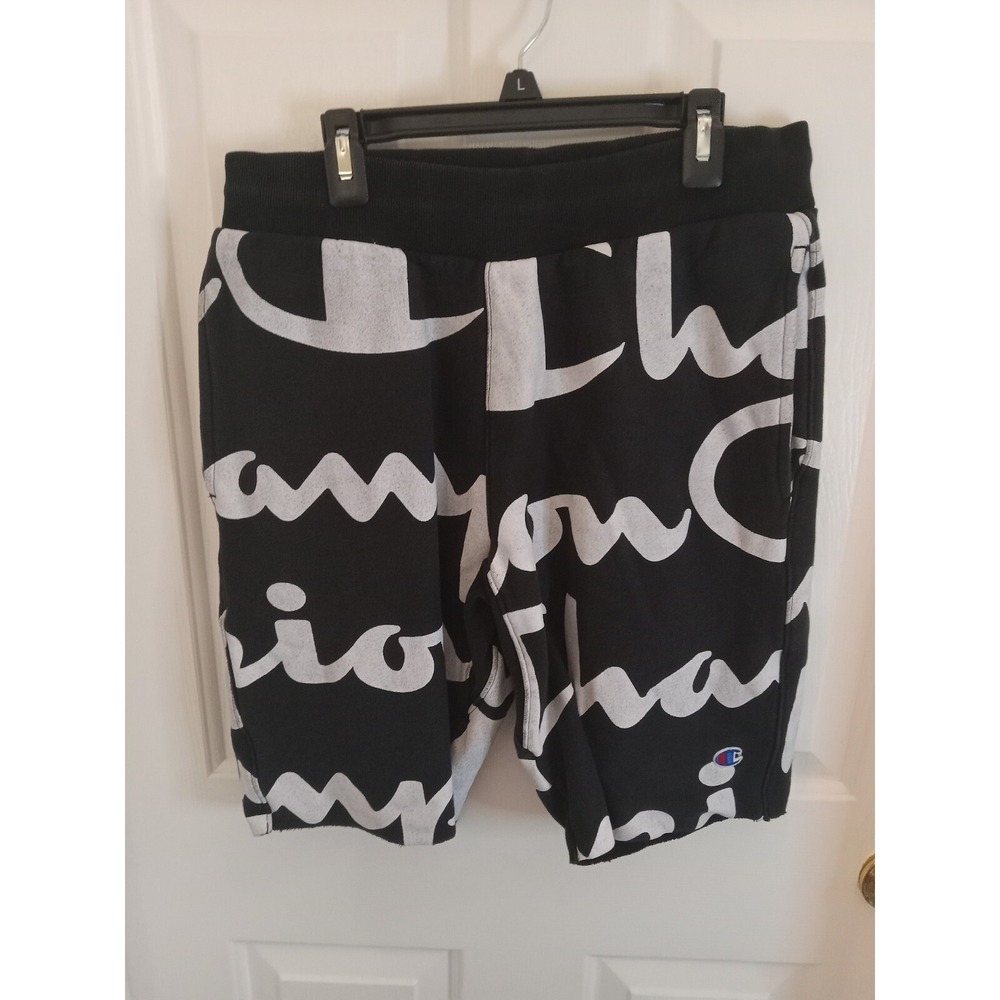 Champion Reverse Weave‎ Shorts Mens SMALL Black All Over Print Sweat Shorts Logo